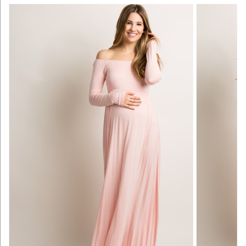Pink Solid Off Shoulder Maternity Maxi Dress